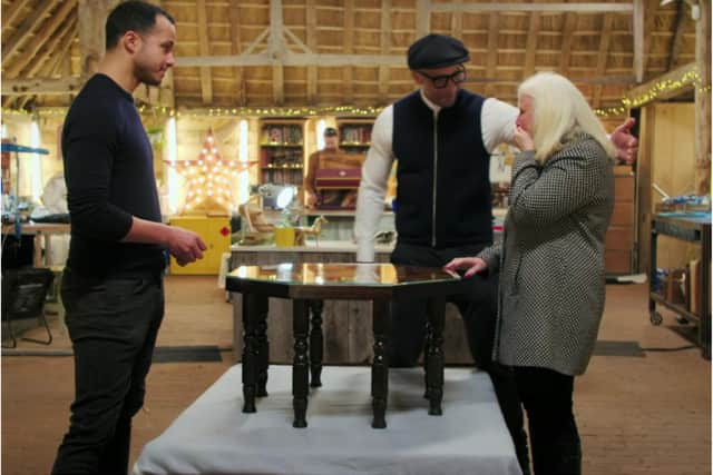 Christine Clay bursts into tears after her table was restored on TV's The Repair Shop. (Photo: BBC).
