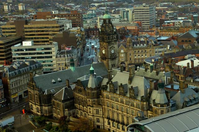The new completed St Paul's Tower complex, and its views over Sheffield. Aerial view of Town Hall