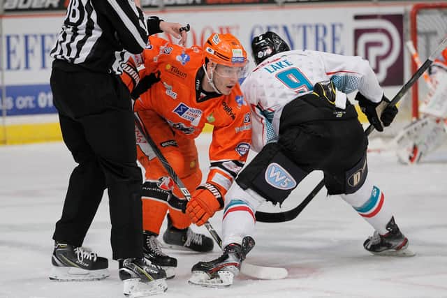 Tanner Eberle faces off against Belfast. Pic by Hayley Roberts