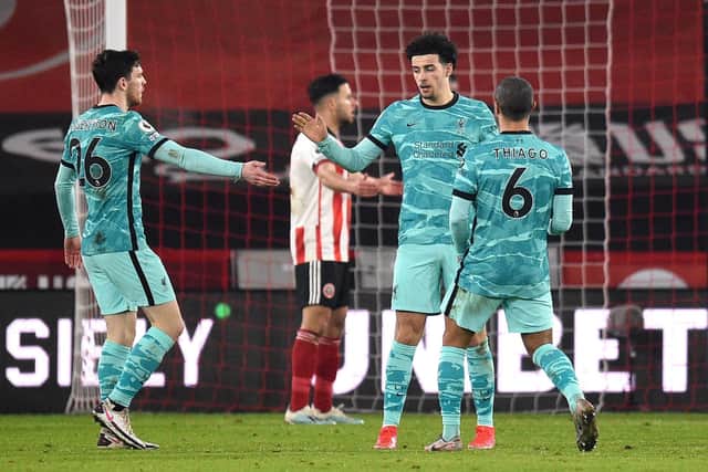Liverpool's Curtis Jones celebrates scoring their side's first goal of the game during the Premier League match at Bramall Lane, Sheffield: Oli Scarff/PA Wire