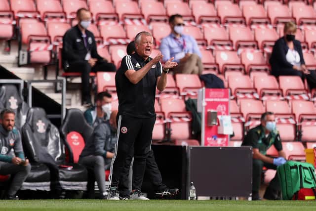 Chris Wilder, Manager of Sheffield United urges on his team during the Premier League match between Southampton FC and Sheffield United at St Mary's Stadium (Photo by Naomi Baker/Getty Images)