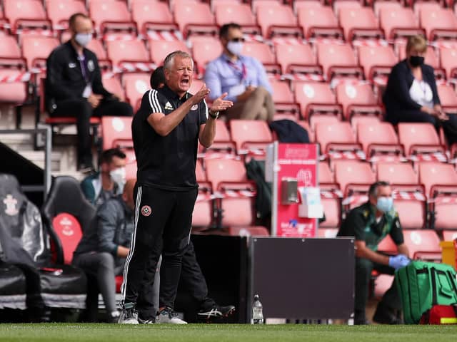 Chris Wilder, Manager of Sheffield United urges on his team during the Premier League match between Southampton FC and Sheffield United at St Mary's Stadium (Photo by Naomi Baker/Getty Images)