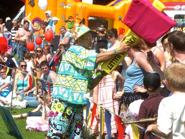 Pictured at Graves Park, Sheffield, where the It's a Knockout Challenge in aid of the Children Today charity was held. Seen is host Timmy Mallet of TV fame with the crowds of spectators, July 26, 2008
