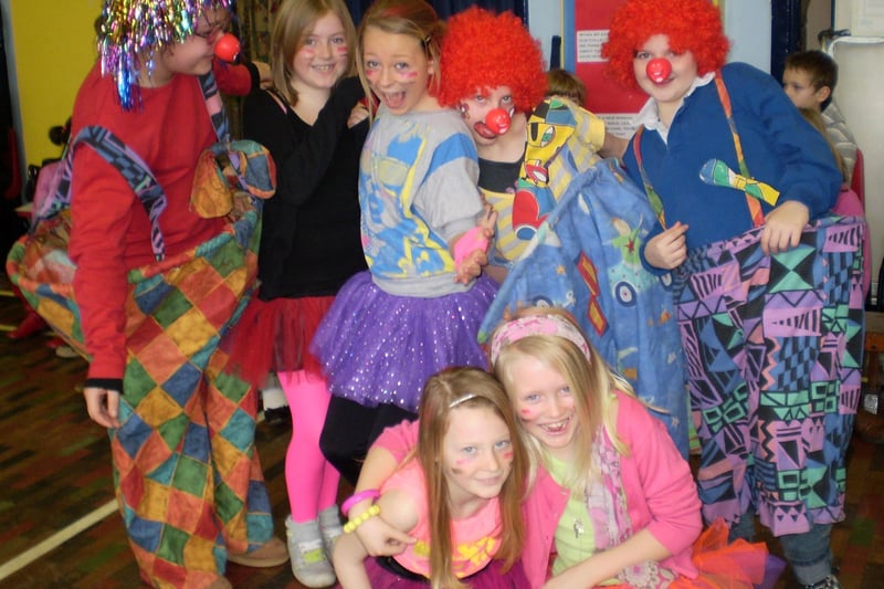 Children at Bishop Purseglove School in Tideswell show off their favourite hobbies by dressing up as dancers, football fans, clowns and chocoholics on Red Nose Day. Who do you know in the photo and what year was it taken?
