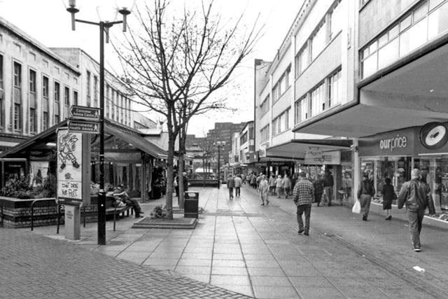 The Moor, Sheffield city centre, in May 1996, showing Our Price music store and Argos catalogue shop.