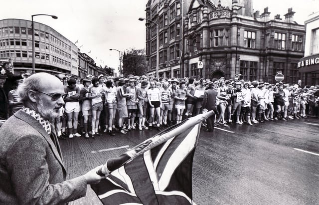 Mr Colin Brannigan, the Editor of The Star, flagging off the 1977 Jubilee Star Walk in High Street, Sheffield on 7th June 1977