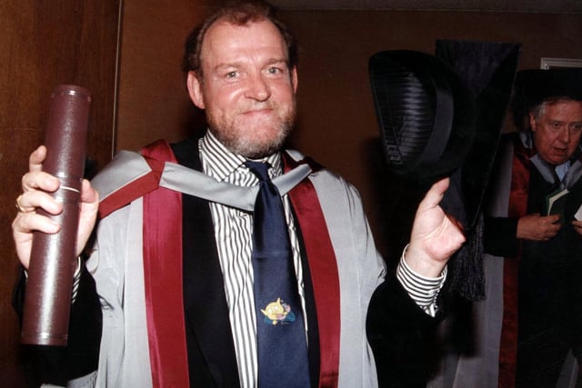Singer Joe Cocker pictured backstage at Sheffield City Hall after receiving his honorary degree from Sheffield Hallam University. Another recipient, Labour Party politician Roy Hattersley, can be seen in the background
