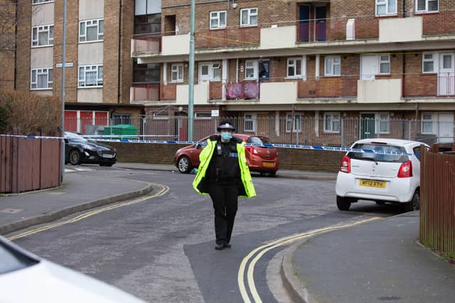 Police presence outside Weller House, Buckland, Portsmouth. Picture: Habibur Rahman