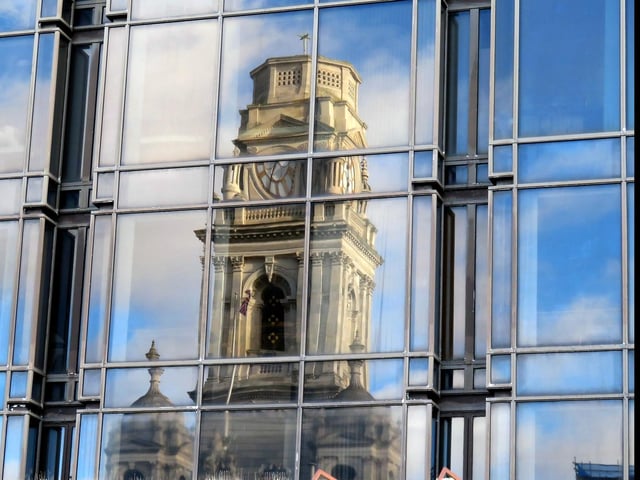 An interesting view of the Guildhall reflected in the windows of the Civic Offices.