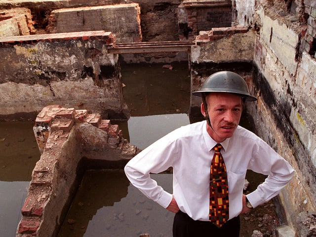 Steve Wagstaffe in the former air raid shelter discovered at the rear of his business premises, Alleqip in Attercliffe in the late 1990s