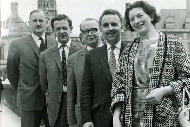 Conservative candidates at the 1968 local elections for the five wards in the Heeley Division.  Pictured outside the Town Hall are, left to right, Coun Charles MacDonald, Coun Michael Swain, Coun Charles Davison, Coun Eric Crew and Coun Miss Pat Santhouse, April 1968