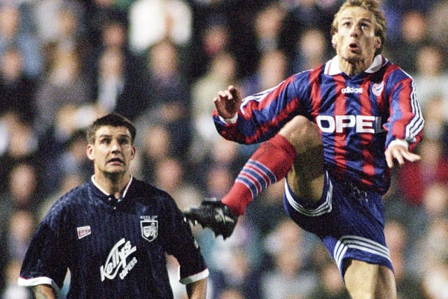 Bayern Munich's Jurgen Klinsmann, right, wins the ball ahead of Raith Rovers' Shaun Dennis in October 1995's UEFA Cup second-round game at Easter Road in Edinburgh. Photo: SNS Group
