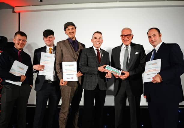 David Beet, United Cast Bar Group Marketing Manager, pictured with Ryan Moore, Engineering and manufacturing apprentice of the year award winner and finalists Luke Edwards, Callum Morley, Adam Fairhall, and Matthew Goude.