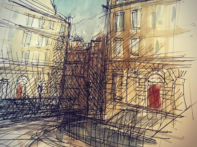 It was great this year to be back in town running my sketching walkabout workshops, albeit with limited numbers we were able to meet up, share ideas and capture the streets of Edinburgh. This is one of my scribbles from a tour of the New Town, capturing three streets in one.