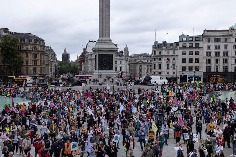 LONDON, UNITED KINGDOM - AUGUST 23: Extinction Rebellion protesters gather in Trafalgar Square on August 23, 2021 in London, United Kingdom. (Photo by Dan Kitwood/Getty Images)