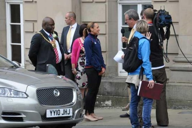 Jessica Ennis, fresh from winning heptathlon gold at London 2012, is interviewed on arrival at the City Hall prior to her civic reception at Barker's Pool. Her success saw her awarded the freedom of the city. On the left is Councillor John Campbell, Lord Mayor of Sheffield at the time. Jessica Ennis was born in 1986, the eldest daughter of Vinnie and Alison Ennis. She was educated at Sharrow Primary School, King Ecgbert Secondary School and the University of Sheffield, where she read Psychology. She attended the World University Games in 2005, winning a bronze medal.