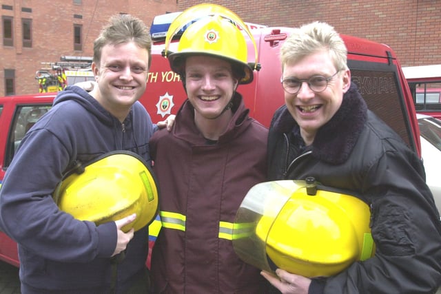 Pictured  at Central Fire Station, Sheffield, where 17-year-old Paul Rose was  a firefighter for a day after his mum paid £140 in  the Help a Hallam  Child Auction.  Seen LtoR are,  John Harrison of the Hallam FM Breakfast show,  Paul Rose, and Howard Pressman off Magic AM Breackfast show in 2002