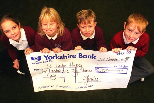 Pupils at Park Street school, Wombwel, raised money for St Luke's Hospice, Sheffield. Pic showso R Amy Exley,Sally Brewster,Thomas Rowe and Daniel Clegg in 1998