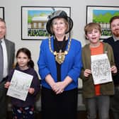 Art in the Gardens junior winners receive their prizes from the Lord Mayor Cllr Gail Smith, Graysons Peter Clark and artist Alan Pennington, Sheffield, United Kingdom, 21st January 2022. Photo by Glenn Ashley Photography
