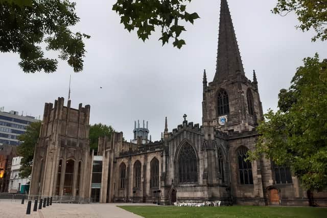 Pictured is Sheffield's Cathedral Church of St Peter and St Paul which is holding a commemoration and thanksgiving service with a large outside screen to honour the late Queen Elizabeth II on the day of Her Majesty's funeral, Sunday, September 19, 2022.