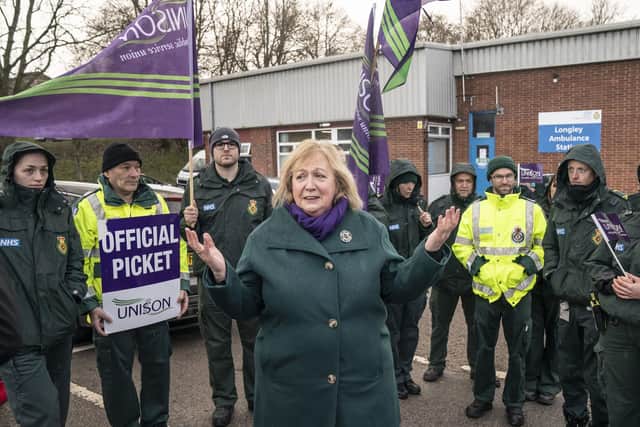 UNISON general secretary Christina McAnea joins ambulance workers on the picket line outside Longley Ambulance Station in Sheffield, as members of Unison and GMB unions take strike action over pay and conditions that will affect non-life threatening calls. Picture date: Wednesday January 11, 2023. PA Photo. See PA story INDUSTRY Strikes Ambulances. Photo credit should read: Danny Lawson/PA Wire