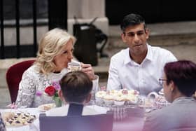 Prime Minister Rishi Sunak and First Lady of the United States, Dr Jill Biden, speaking to Tobias Weller with his mother Ruth Garbutt during the Coronation Big Lunch in Downing Street, London, last Sunday. Photo: Jordan Pettitt/PA Wire