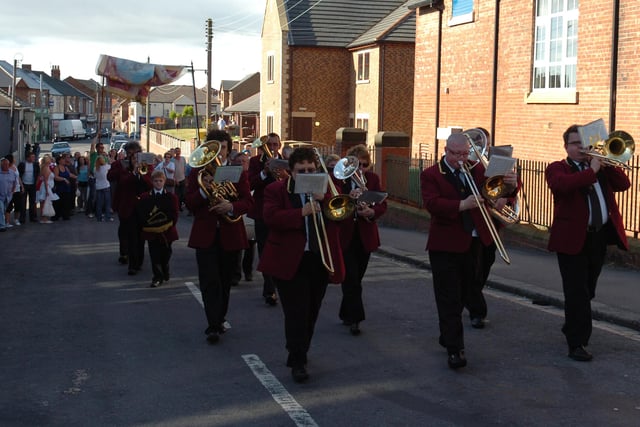 The Horden contingency marches through the streets in readiness for the Durham Miners Gala.