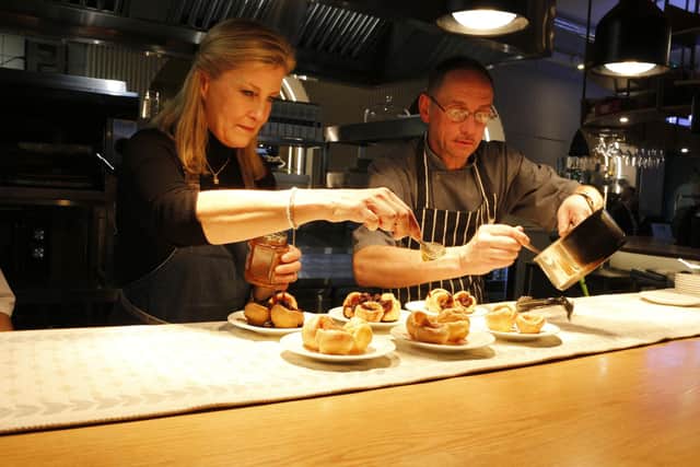 Sophie, Countess of Wessex, with chef SimonClarke, during a visit to social enterprise Blend Kitchen on Ecclesall Road. Picture: NIKEEI.IMGGRPHY