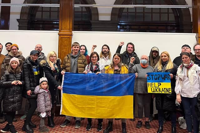Dozens of people gathered outside the Town Hall in Sheffield to show their solidarity with Ukraine