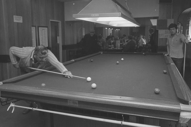 Skills at the snooker table at Downhill Workingmens Club in August 1982.