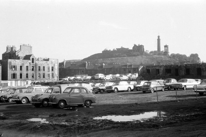 The Observatory and the Nelson monument on Calton Hill  Edinburgh seen from the St James' Square car park where the St James Hotel was to be built - October 1968.