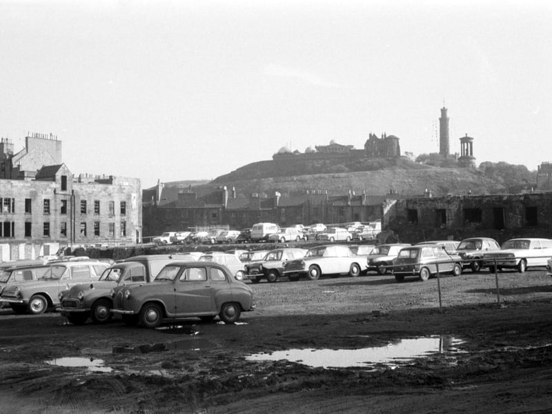 The Observatory and the Nelson monument on Calton Hill Edinburgh seen from the St James' Square car park where the St James Hotel was to be built - October 1968.