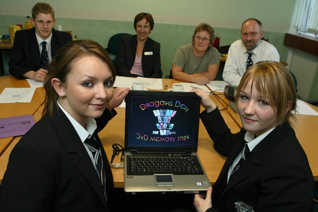 Work Related Learning Dragon's Den event at Armthorpe Comprehensive School in 2007.
Year 10 Business Study students Danielle Nicholls, left, and Becky Miller prepare to face 'Dragons' Ryan Bartlett, 6th Form Student, Sonja Czabaniuk, LEA, Christine Smith, Technology Teacher, Andrew Utting, Science Teacher.