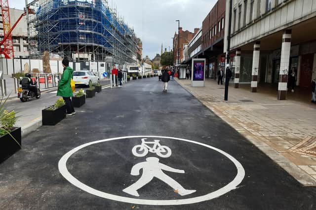 Pinstone Street was closed to allow wider pavement for social distancing. Pic: David Walsh.
