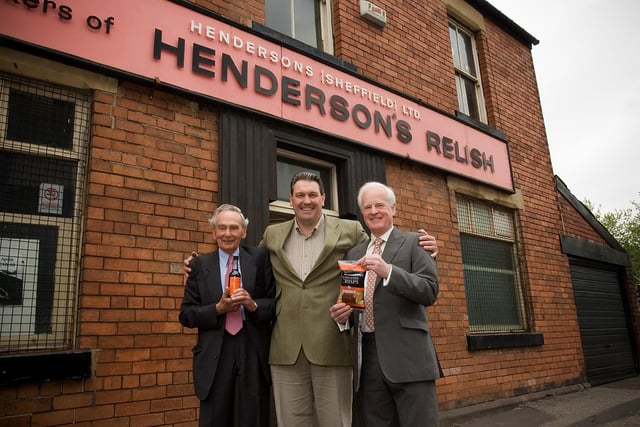 Tony Bishop, centre, and Ashley Turner, right, of Yorkshire Crisps, with Henderson's Relish boss Dr Kenneth Freeman to launch their Hendo's-flavoured crisps in 2008