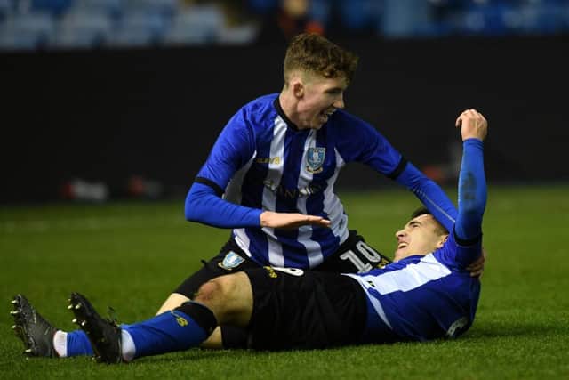 Departed Sheffield Wednesday youngster Conor Grant (top) celebrates an Owls u-23 goal with Eyad Hammoud.