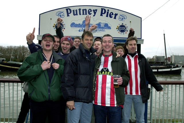 Blades fans at Putney Pier after their booze cruise down the Thames with Bob Booker