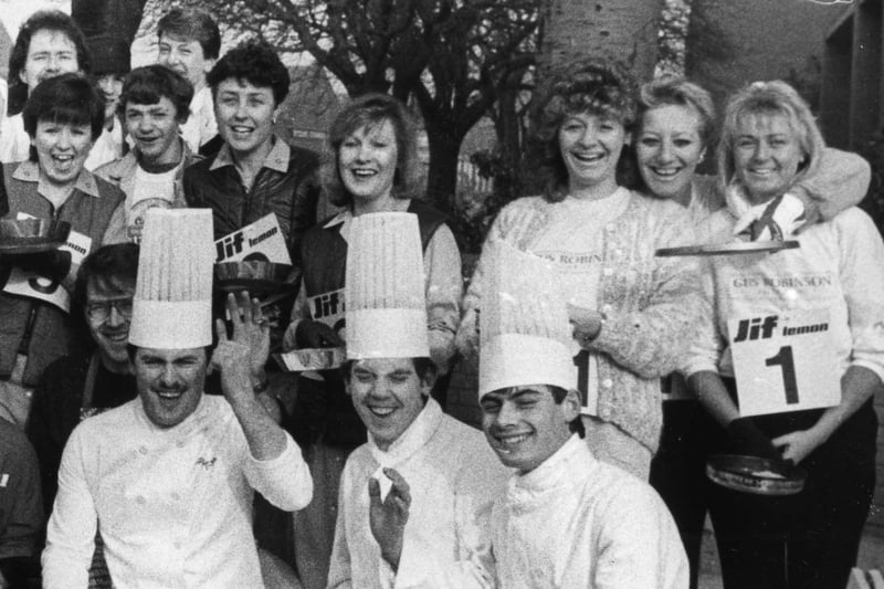 Some of the competitors in the 1987 Hartlepool pancake race. Have you spotted someone you know?