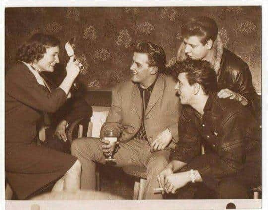 Vince Eager (centre), Gene Vincent (right) and Eddie Cochran having their picture taken at Sheffield Gaumont in spring 1960.
