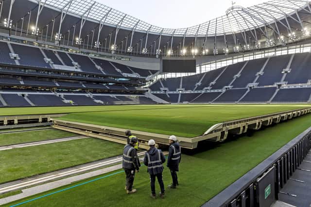 The 9,000 tonne pitch at Spurs slides under the South Stand, to reveal an NFL American football field, in 25 minutes.