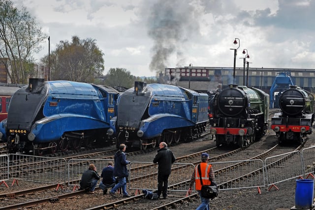 Fab Four Steam Gala at Barrow Hill Roundhouse near Chesterfield ... from left Bitten, Mallard, Blue Peter and Green Arrow  in 2012