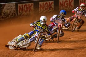 Jack Holder leads Belle Vue duo Brady Kurtz and Max Fricke. Picture: Taylor Lanning.