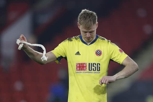 Aaron Ramsdale of Sheffield United reacts at the final whistle of defeat to Liverpool, in which he was United's man of the match. (Photo by Lee Smith - Pool/Getty Images)
