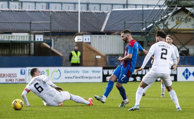 Inverness Caley's James Keatings scores the opening goal during their Scottish Championship match against Raith Rovers. Photo: Bruce White/SNS Group