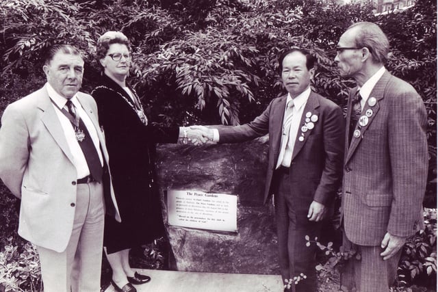 Pictured in the gardens at the rear of the Sheffield Town Hall, where the Lord Mayor unveiled a plaque naming them the Peace Gardens.  Seen l/r are The Lord Mayor's consort, Mr Jim Walton, The Lord Mayor Coun Mrs Dorothy Walton, Mr Shigemitsu Tanaka and Mr. Toichi Arimitsu who are two survivors of the Hiroshima atomic bomb.  The two survivors presented a tile from a roof damaged during the raid on Nagasaki to the City of Sheffield.
8th August 1985
