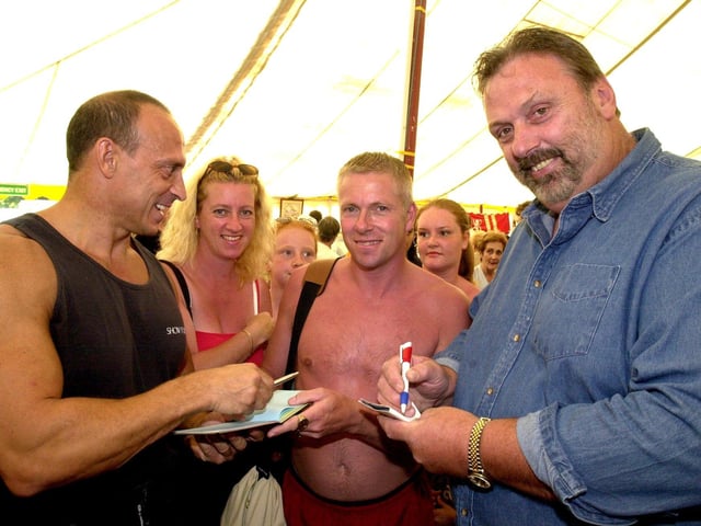 Wolf, played by Michael van Wijk, was one of the most recognisable stars from Gladiators. Here he is at the Sheffield Show in Graves Park with strongman Geoff Capes