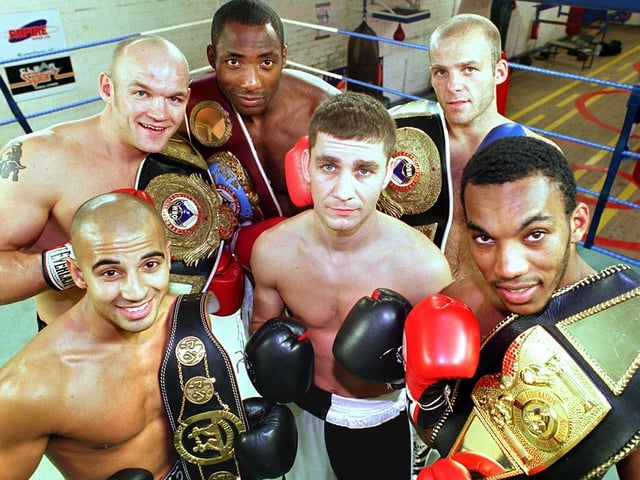 Pictured is St Thomas Gym's new boxer Roger Sampson (centre) surrounded by the champions from Brendan Ingle's Gym. LtoR.Dave Coldwell( Central Area Flyweight Champion), Buster Keeton (WBO Intercontinental Cruiserweight), Johnny Nelson (WBO World Cruiserweight Champion), Ryan Rhodes (WBO Intercontinental Middlewight), Junior Witter (WBF World Light Welterweight Champion), October 1999