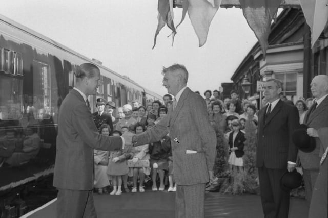 The Duke is greeted by Lord Barnard, Lord Lieutenant of Durham, on his arrival at Monkwearmouth Station in 1963.