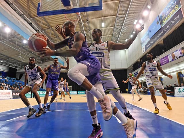 Devante Wallace in action for the B. Braun Sheffield Sharks against Cheshire Phoenix at Ponds Forge. Photo: Bruce Rollinson.