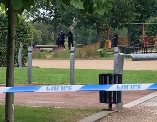 Armed police in Manor Fields Park, Sheffield, after a man was reportedly seen brandishing a firearm inside a nearby petrol station (pic: Jay Wright)